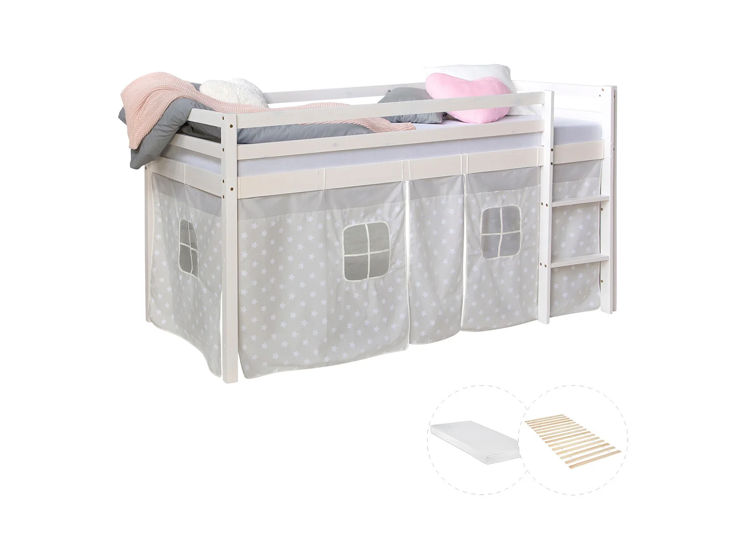 Hochbett 90x200 cm weiß grau Sterne