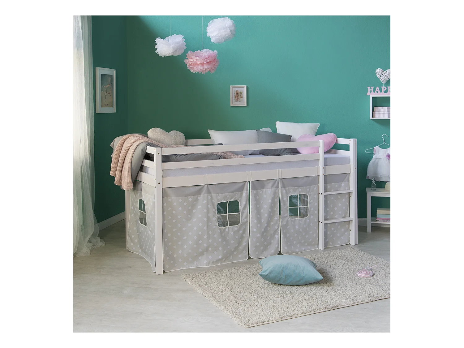 Letto a soppalco 90x200 cm bianco grigio Stelle