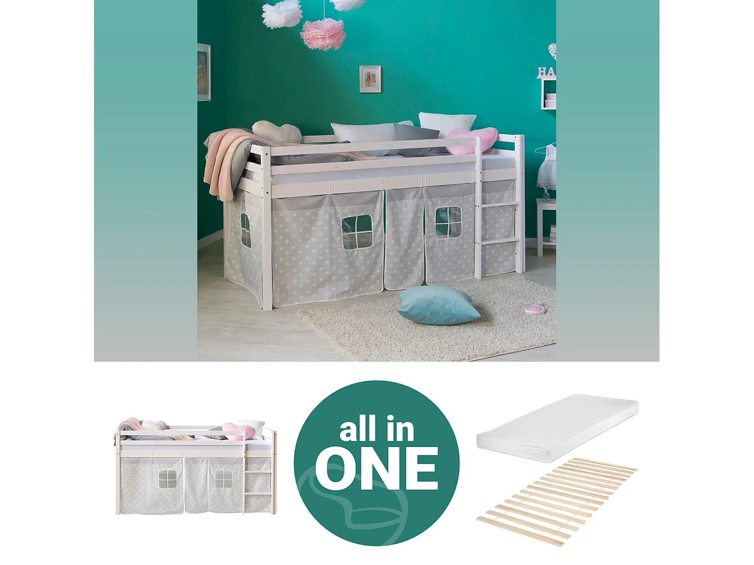 Lit mezzanine 90x200 cm blanc gris Étoiles