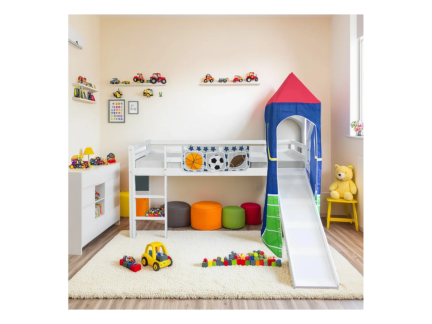 Lit Mezzanine 90x200 cm Blanc Bois Massif Football