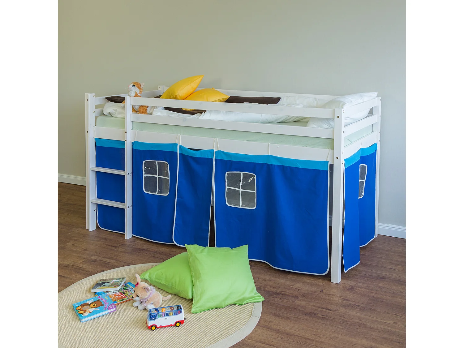Hochbett 207x97x110 cm Blau Kinderbett Leiter Massivkiefer Vorhang