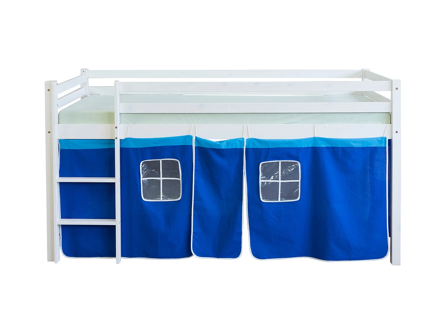 Hochbett 207x97x110 cm Blau Kinderbett Leiter Massivkiefer Vorhang