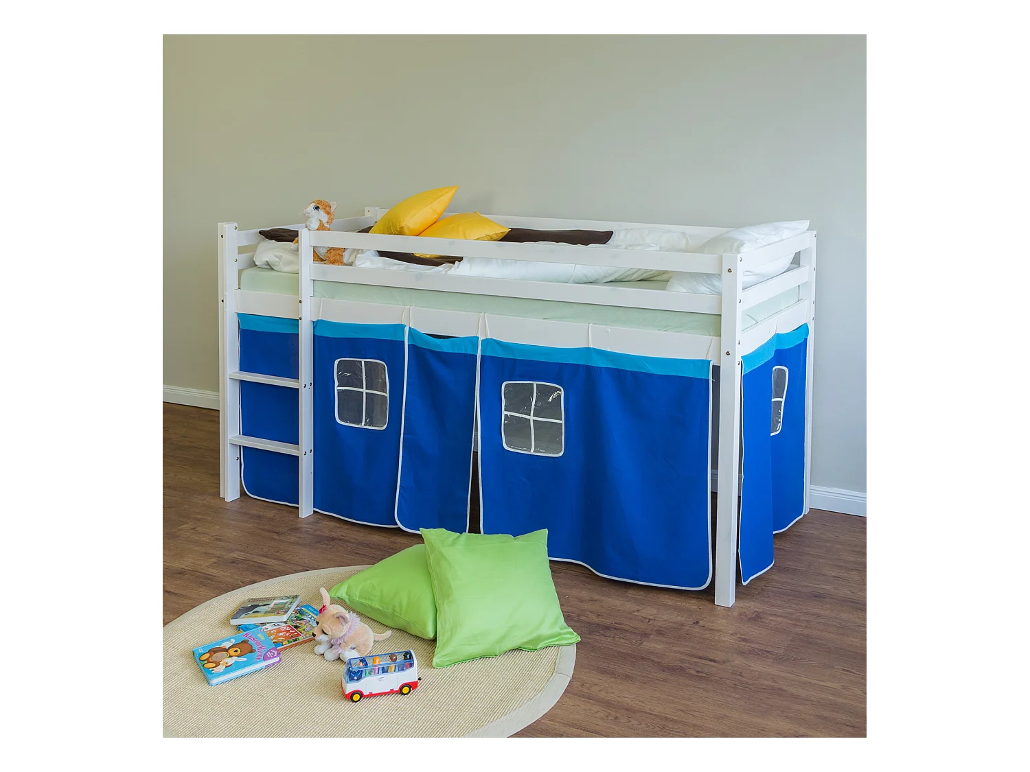 Letto a soppalco 207x97x110 cm Blu letto per bambini scala pino massiccio tenda