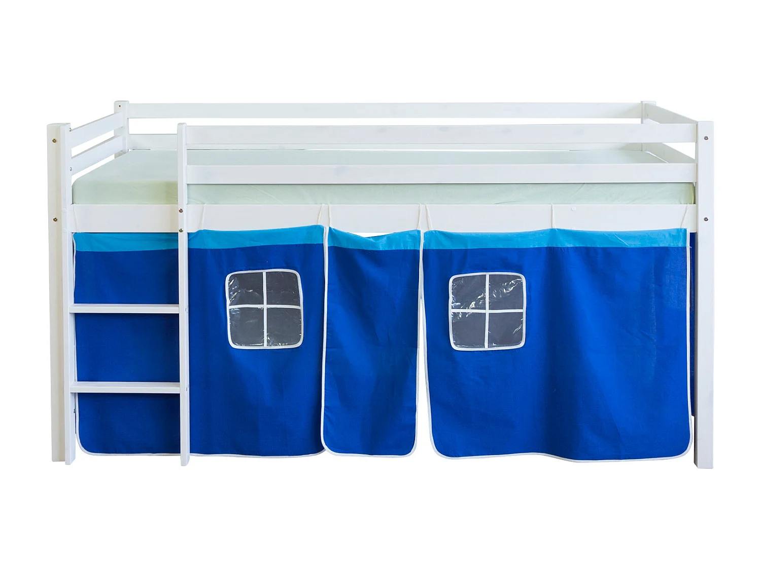 Lit mezzanine 207x97x110 cm Bleu lit enfant échelle pin massif rideau