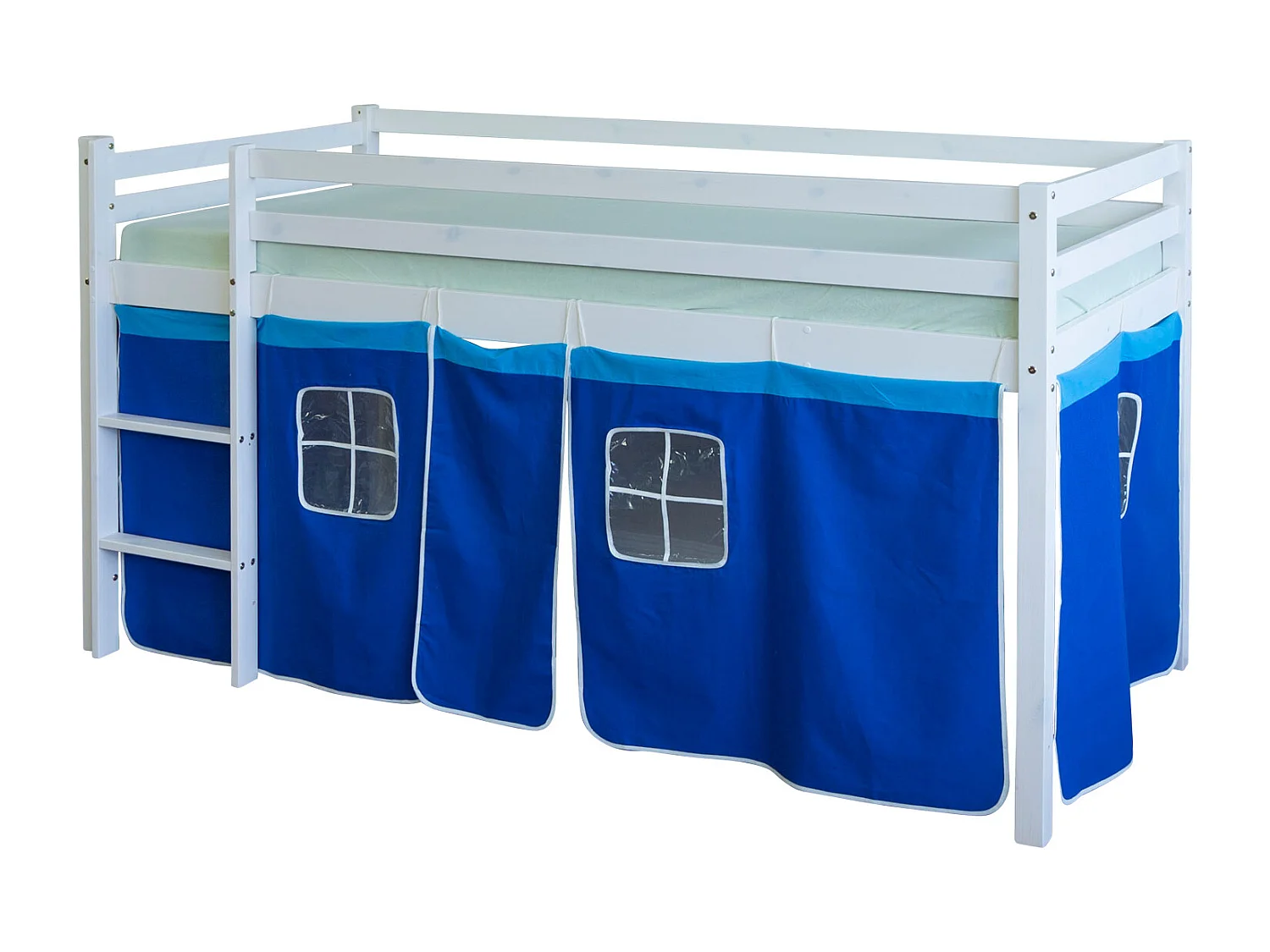 Lit mezzanine 207x97x110 cm Bleu lit enfant échelle pin massif rideau