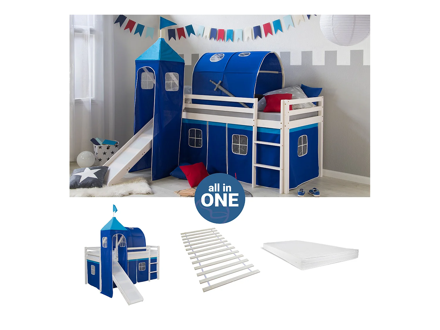 Hochbett 207,5x228x96,5 cm Weiß Blau