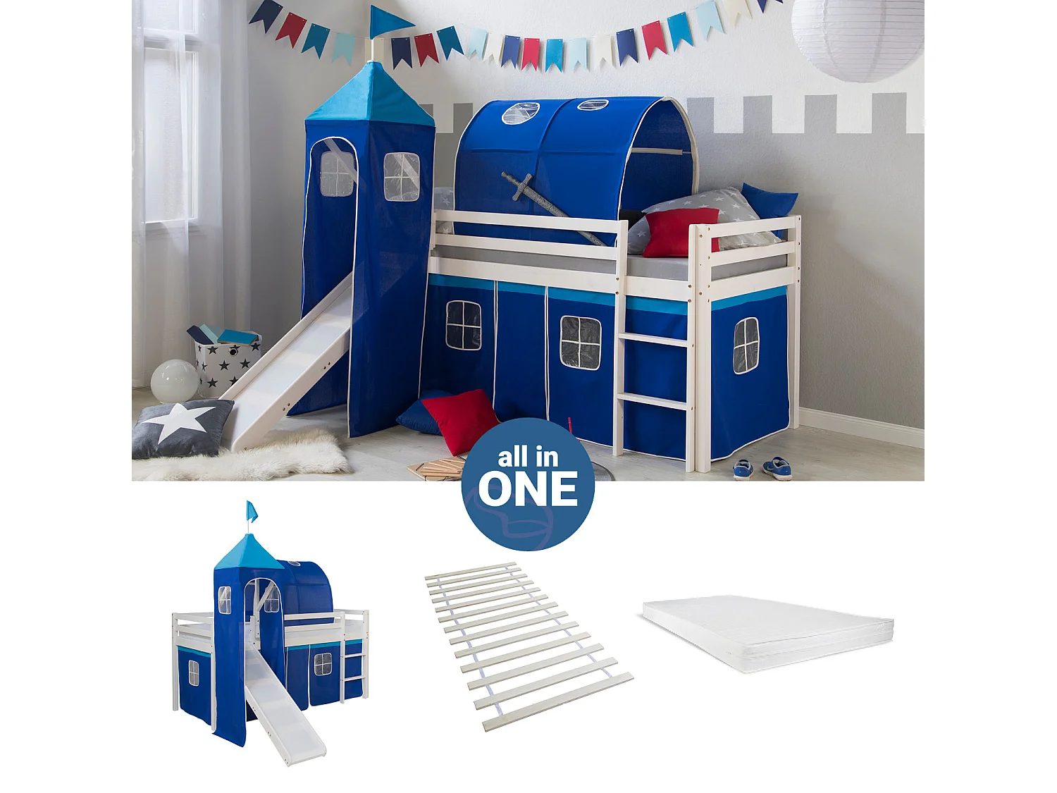 Hochbett 207,5x228x96,5 cm Weiß Blau