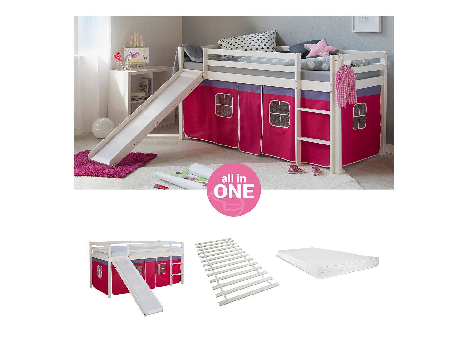 Hochbett 207,5x110x219,5 cm weiß rosa