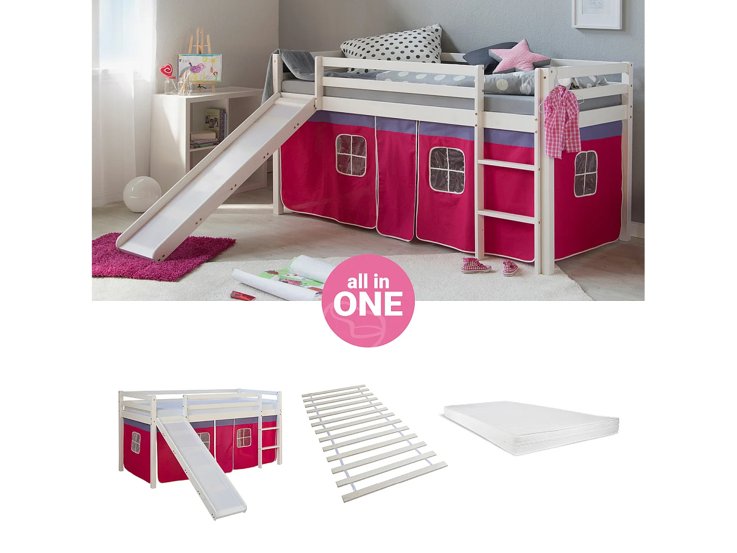 Hochbett 207,5x110x219,5 cm weiß rosa