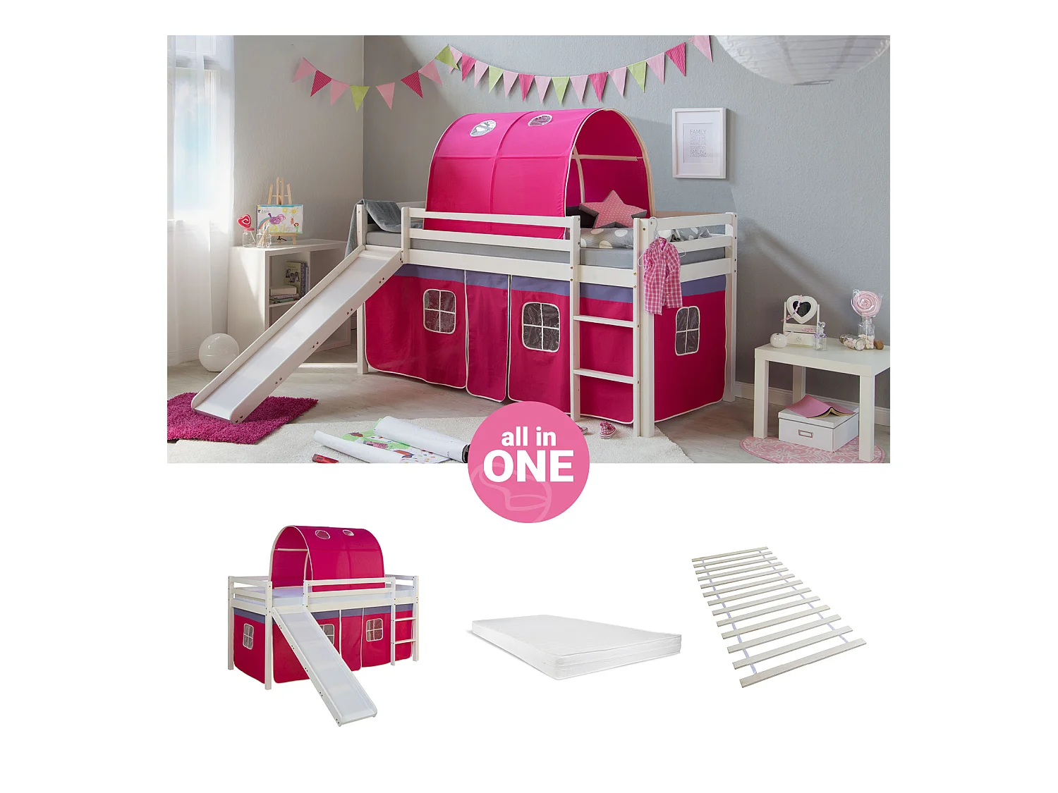 Hochbett 207,5x110x219,5 cm Weiß Pink