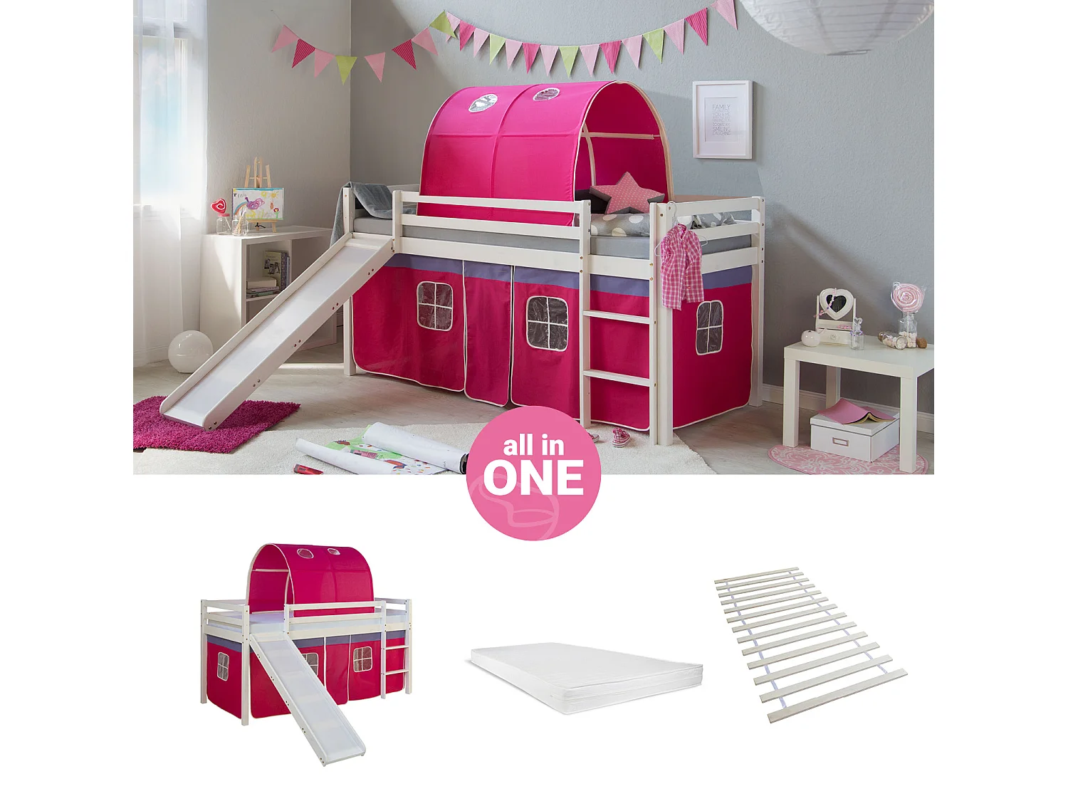 Hochbett 207,5x110x219,5 cm Weiß Pink