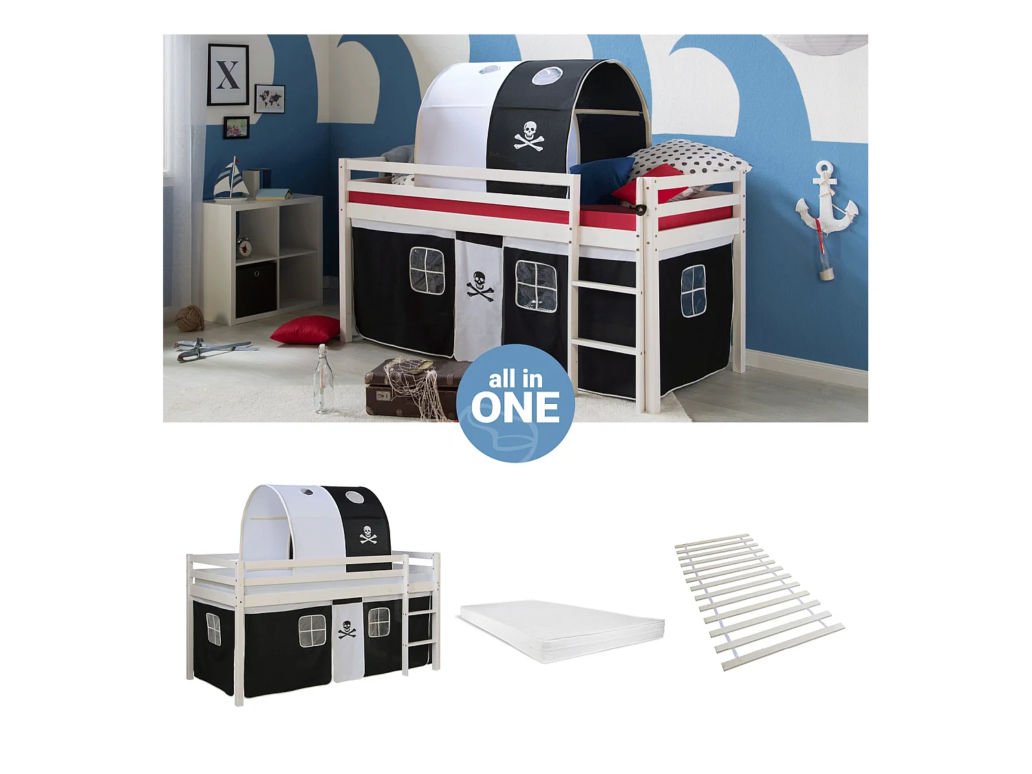 Hochbett 207,5x110x96,5 cm weiß und schwarz Pirat