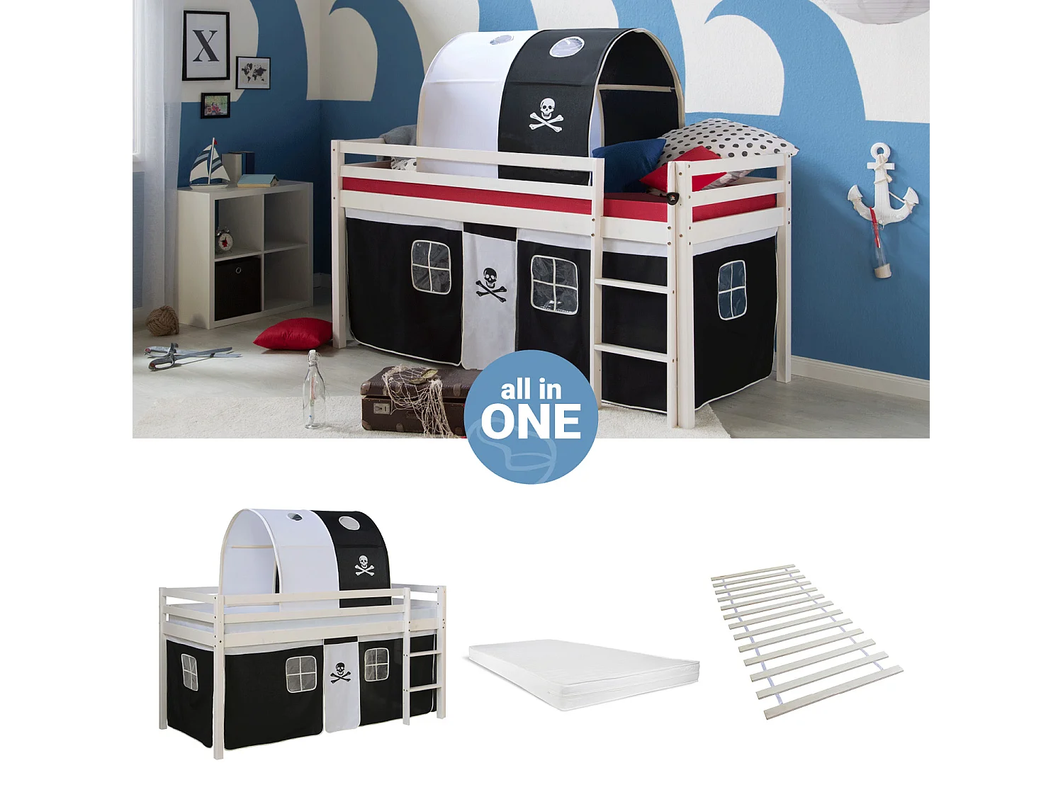 Hochbett 207,5x110x96,5 cm weiß und schwarz Pirat