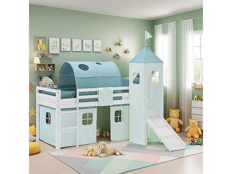 Hochbett für Kinder 90x200 cm Weiß Grün