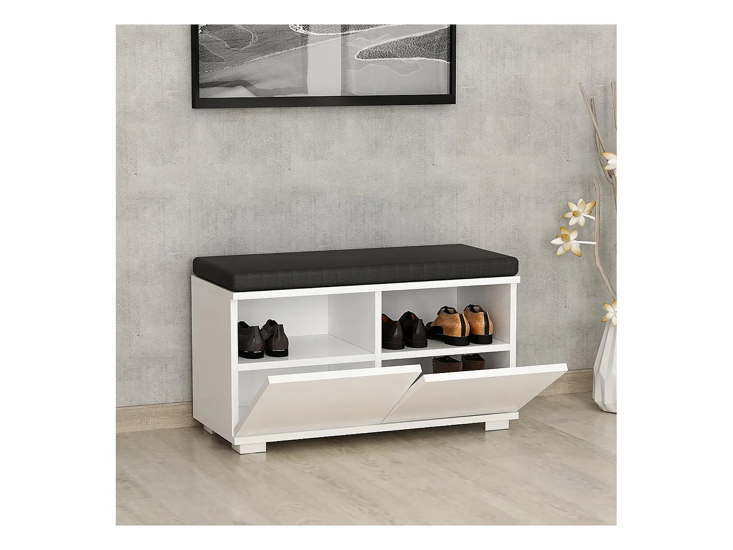 Banc à chaussures Brande avec 2 portes à 4 niveaux 42 x 80 x 35 cm blanc / noir [en.casa]