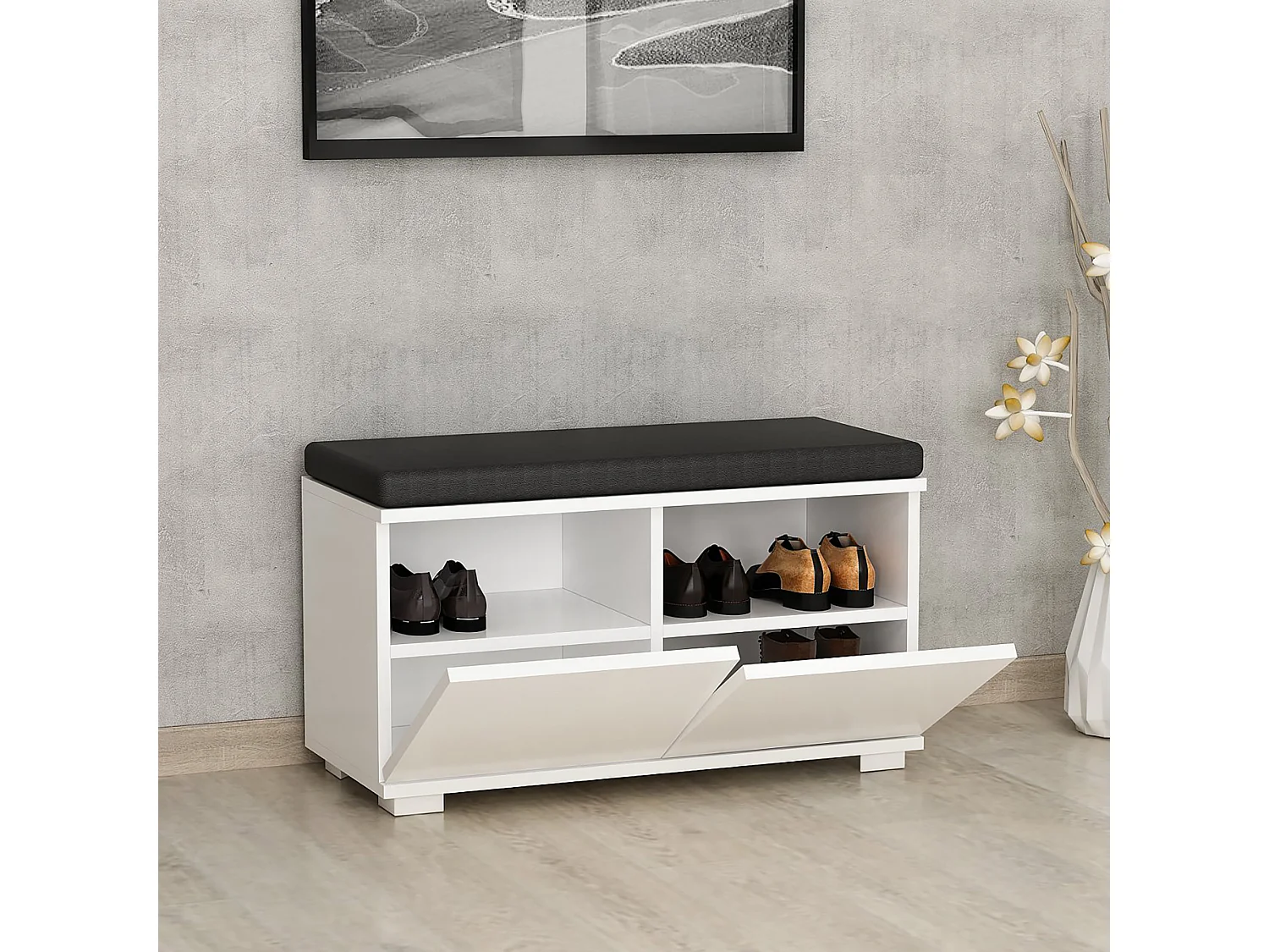 Banc à chaussures Brande avec 2 portes à 4 niveaux 42 x 80 x 35 cm blanc / noir [en.casa]