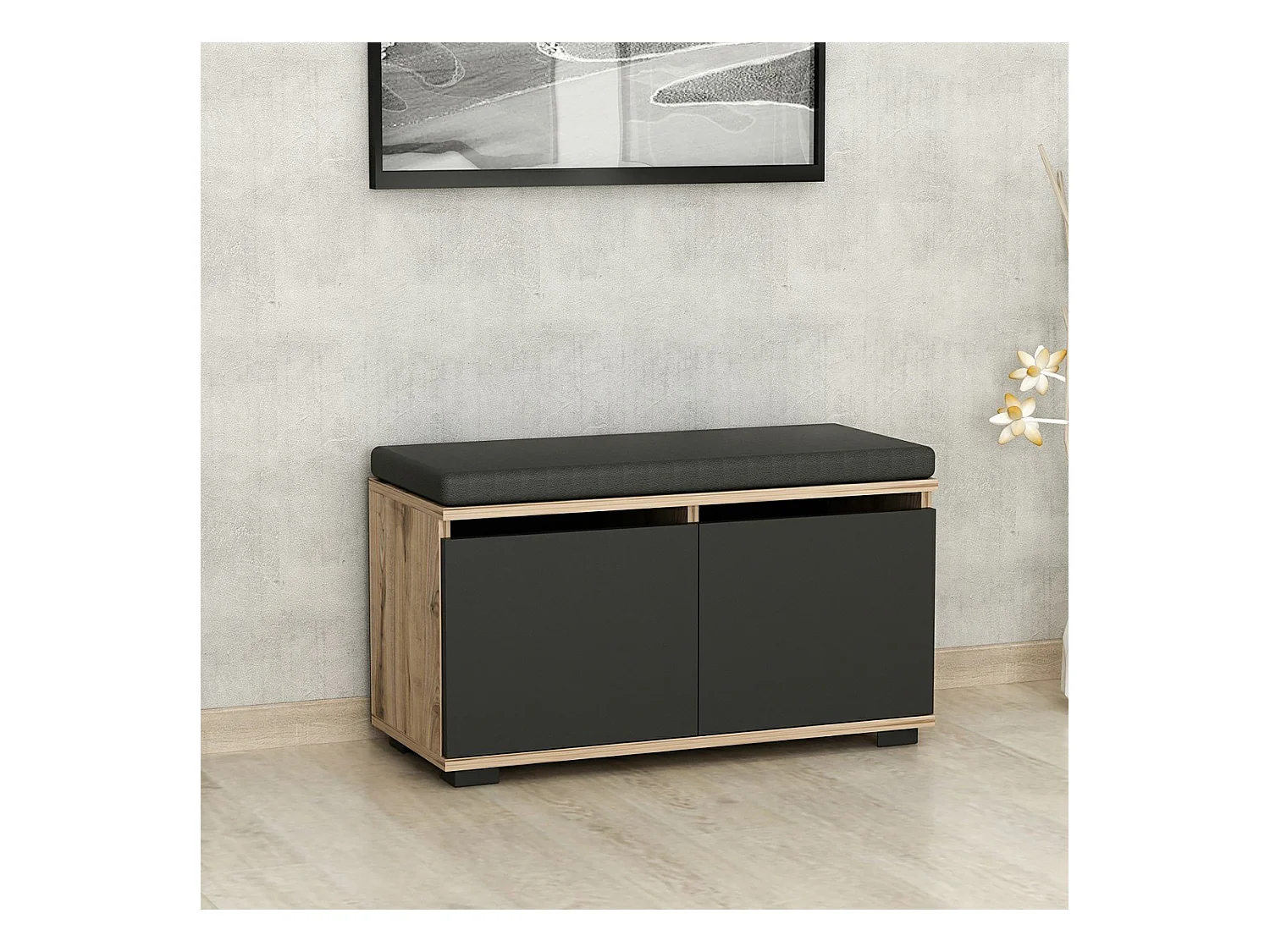 Banc à chaussures Brande avec 2 portes à 4 niveaux 42 x 80 x 35 cm effet chêne / noir [en.casa]