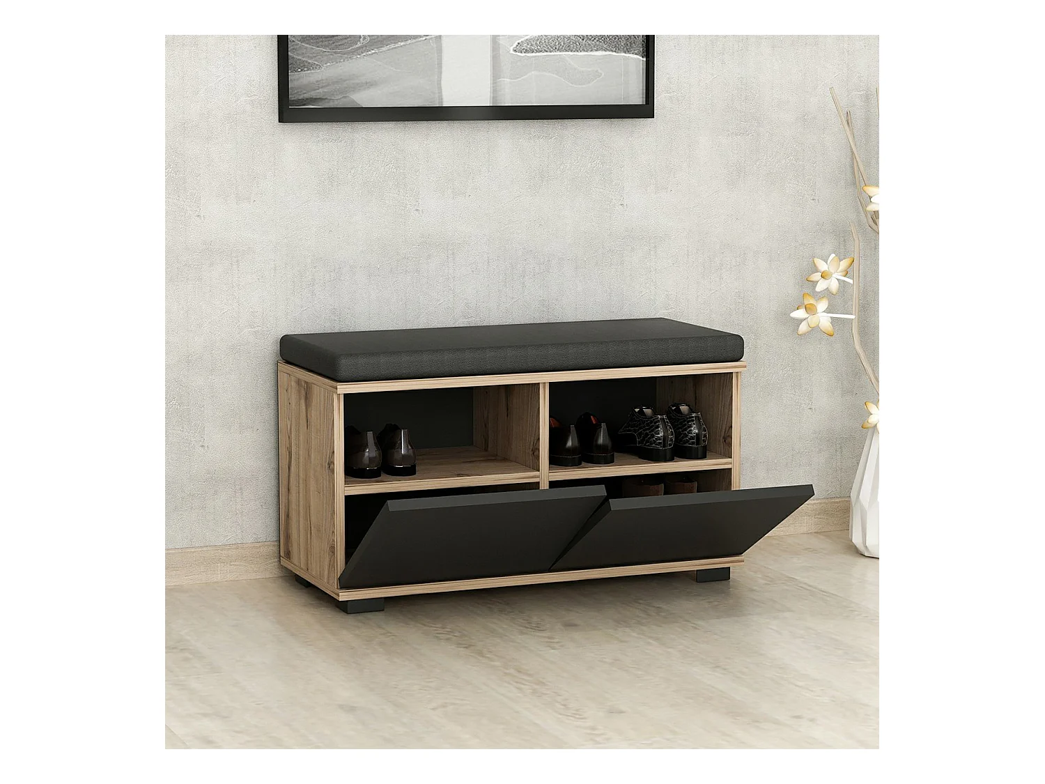 Banc à chaussures Brande avec 2 portes à 4 niveaux 42 x 80 x 35 cm effet chêne / noir [en.casa]