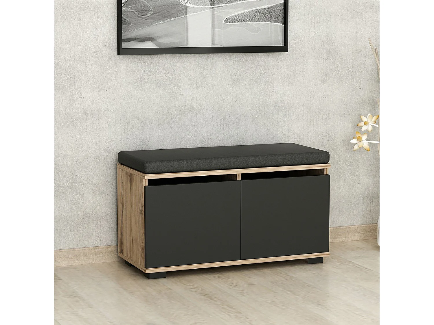 Banc à chaussures Brande avec 2 portes à 4 niveaux 42 x 80 x 35 cm effet chêne / noir [en.casa]