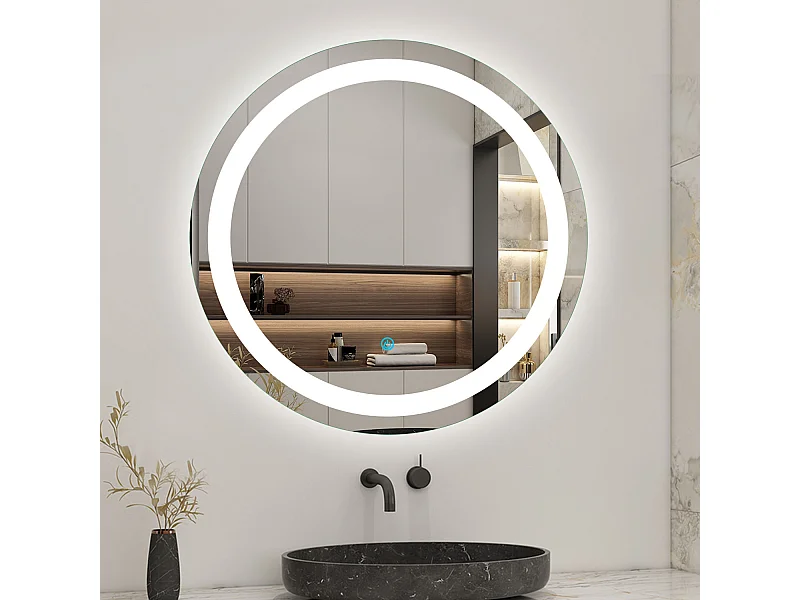 Miroir de salle de bain lumineux rond à leds - L60 x H60 cm Aica