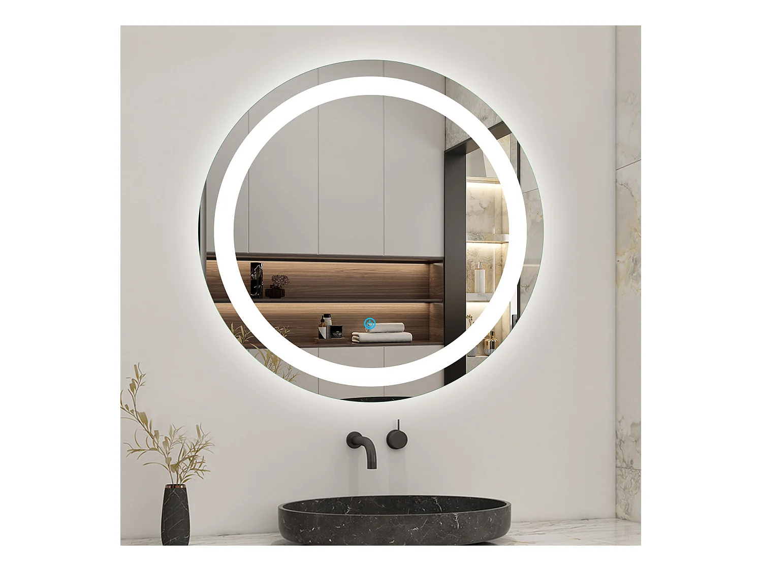 Miroir de salle de bain lumineux rond à leds - L60 x H60 cm Aica