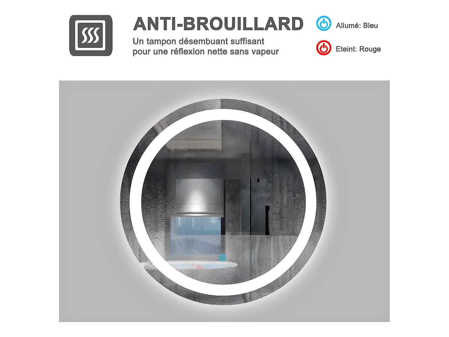 Miroir de salle de bain lumineux rond à leds - L60 x H60 cm Aica