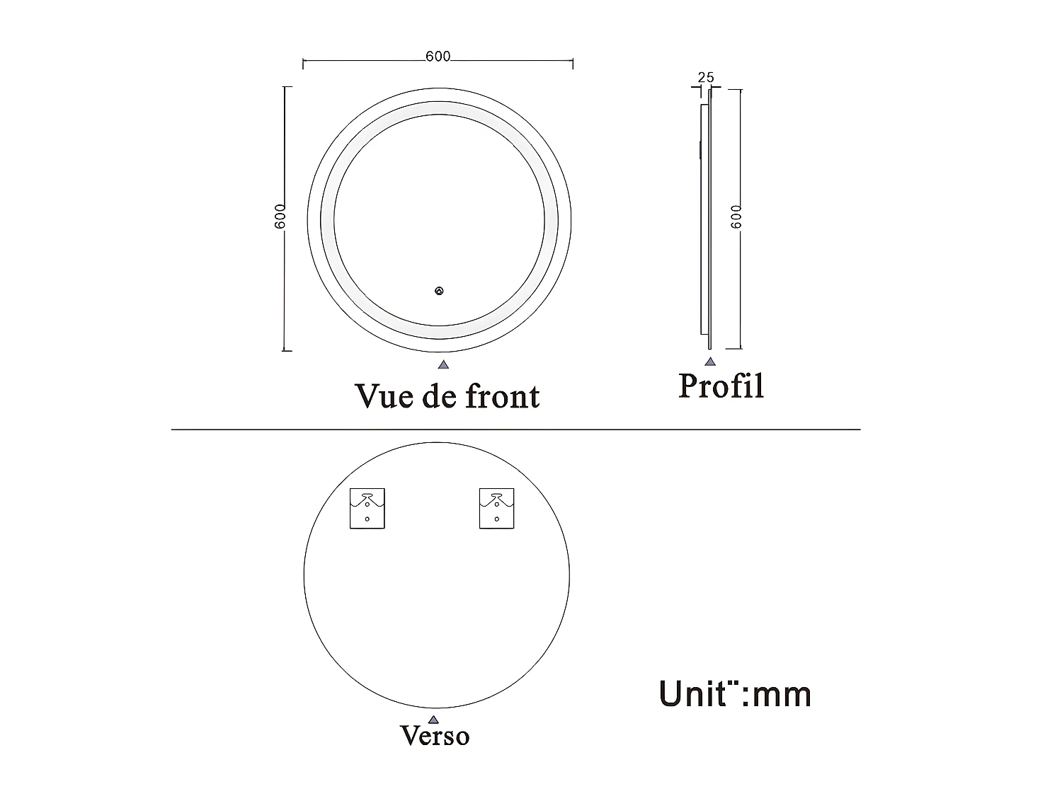 Miroir de salle de bain lumineux rond à leds - L60 x H60 cm Aica