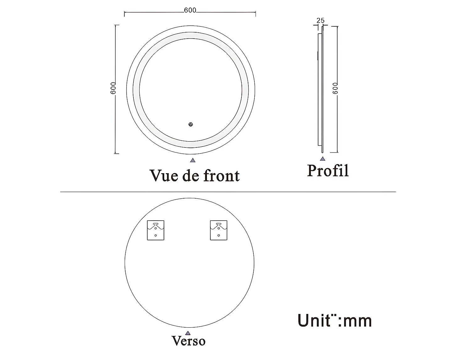 Miroir de salle de bain lumineux rond à leds - L60 x H60 cm Aica