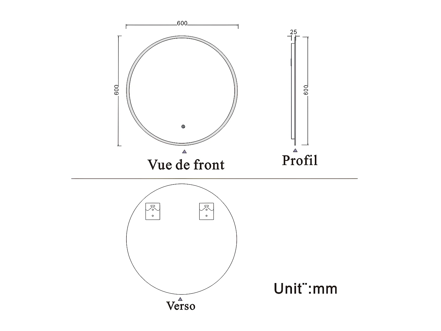Miroir de salle de bain rond avec LED, anti-buée Miroir mural à simple contact-60cm Aica