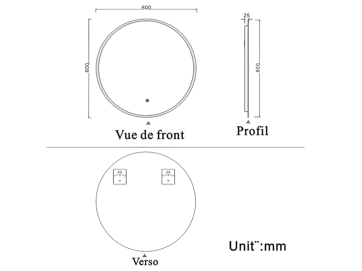 Miroir de salle de bain rond avec LED, anti-buée Miroir mural à simple contact-60cm Aica