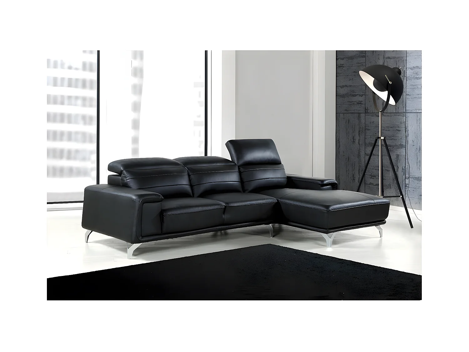 Canapé d'angle cuir reconstitué et PVC "Leicester" - 4 places - Noir - Angle gauche