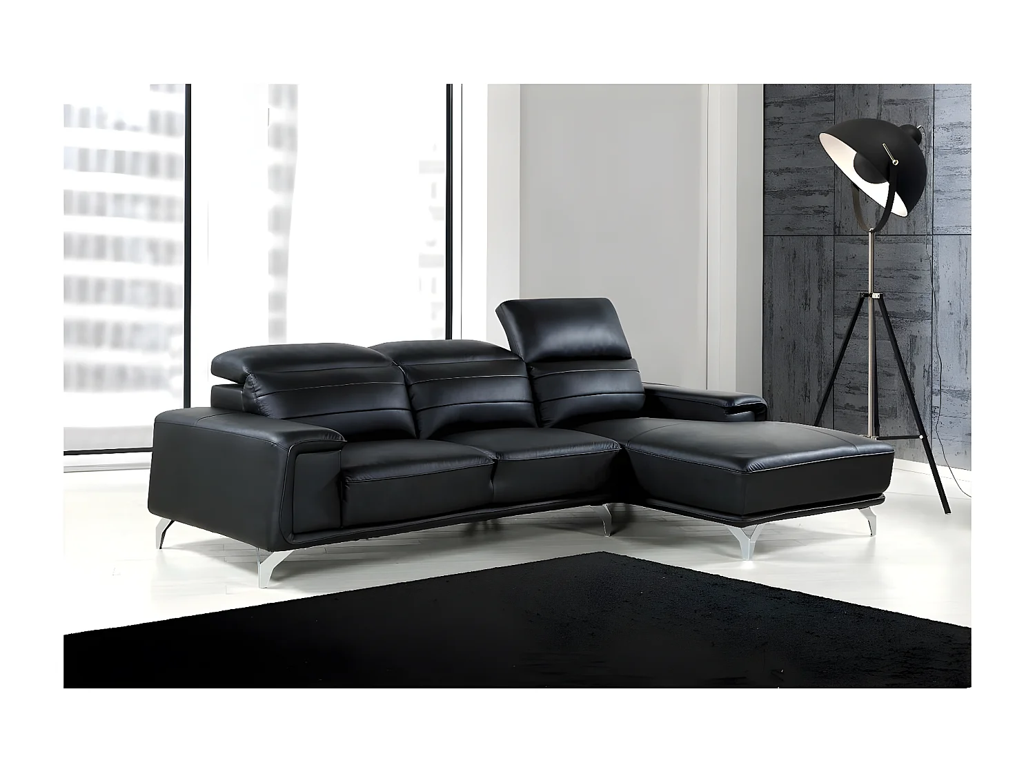 Canapé d'angle cuir reconstitué et PVC "Leicester" - 4 places - Noir - Angle gauche