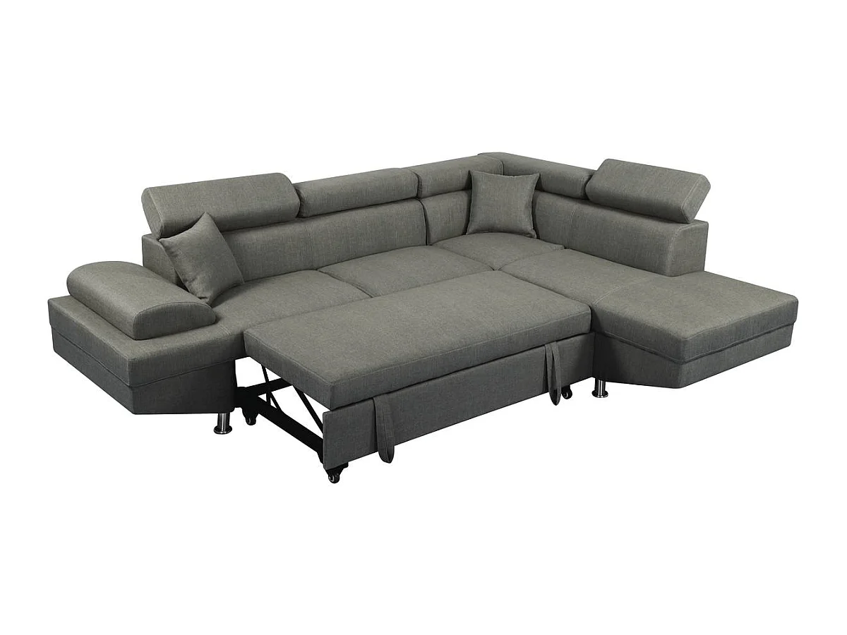 Sofá de canto conversível Sophia Luxe em tecido cinza com chaise longue em linho