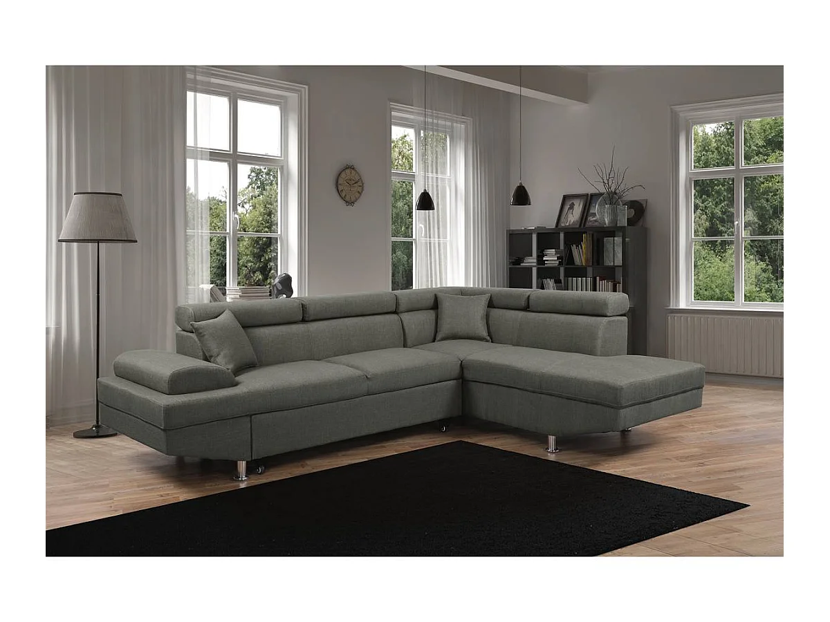 Hoekbank Sophia Luxe in grijze stof met chaise longue van linnen, om te bouwen