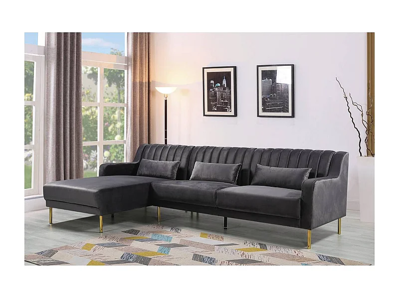 Sofá esquinero terciopelo - "Oliver" - 5 plazas - Gris - Esquina izquierda