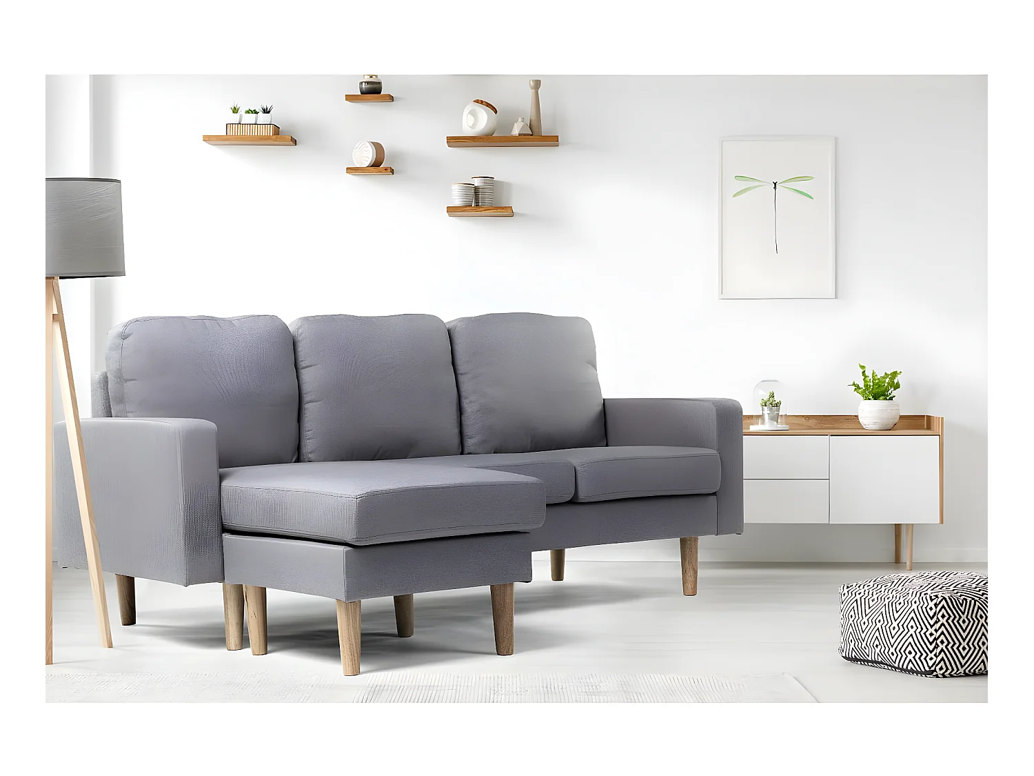 Sofá de canto reversível em tecido "Gabby" escandinavo 3 lugares com chaise longue reversível - Cinza Claro