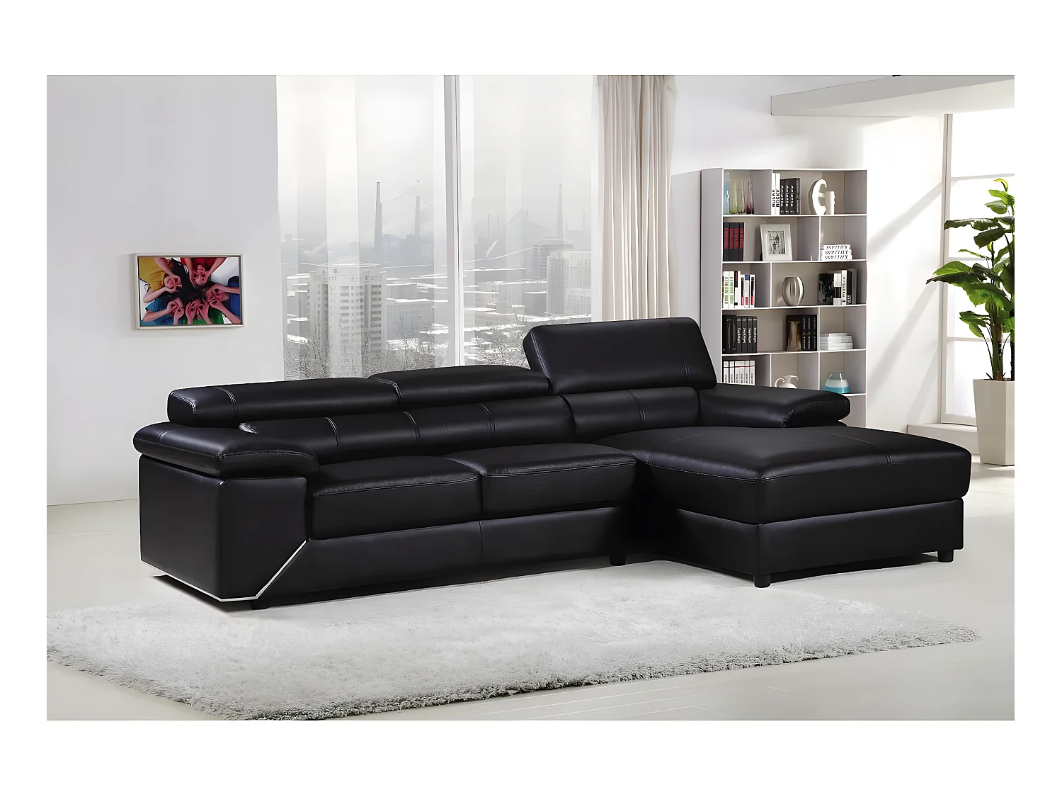 Canapé d'angle en cuir reconstitué et PVC "London" - 4 places - Noir - Angle droit