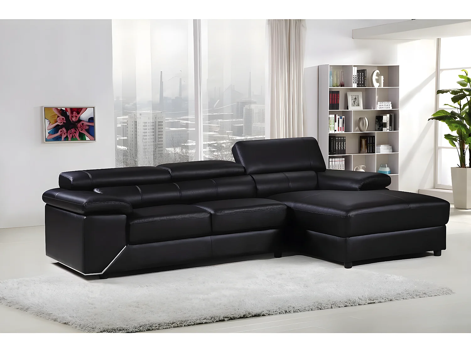 Canapé d'angle en cuir reconstitué et PVC "London" - 4 places - Noir - Angle droit