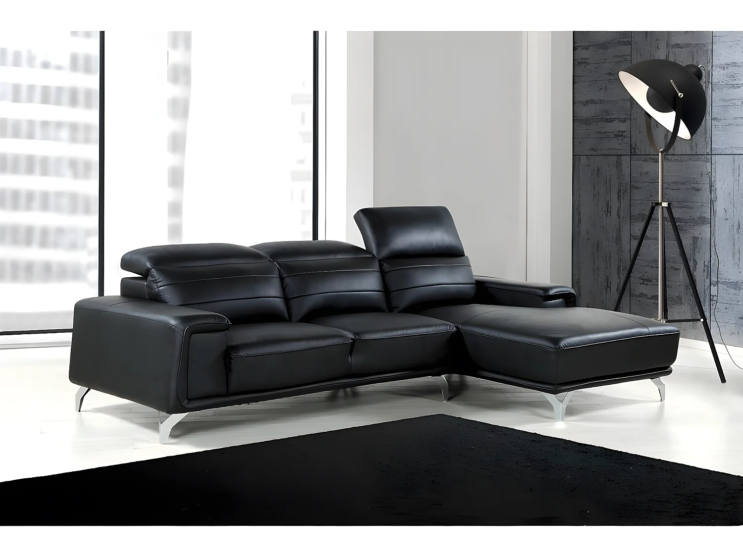 Canapé d'angle cuir reconstitué et PVC "Leicester" - 4 places - Noir - Angle droit