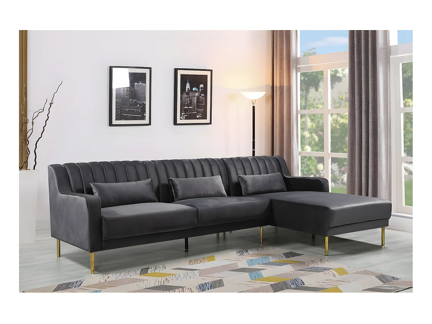 Canapé d'angle en velours "Oliver" - 275 x 161 x 81 cm - 5 places - Gris - Angle droit