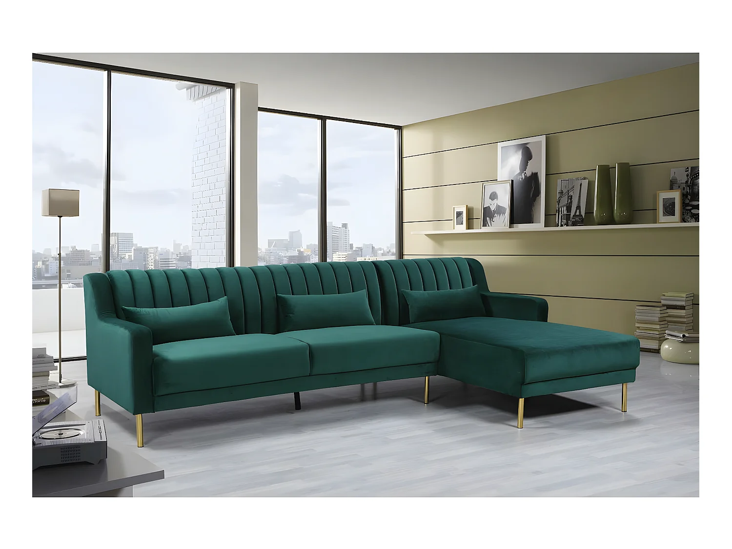 Canapé d'angle en velours "Oliver" - 275 x 161 x 81 cm - 5 places - Vert - Angle droit
