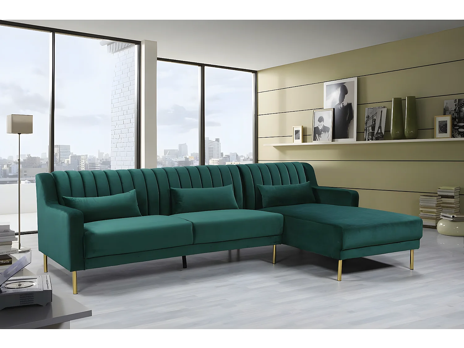 Canapé d'angle en velours "Oliver" - 275 x 161 x 81 cm - 5 places - Vert - Angle droit