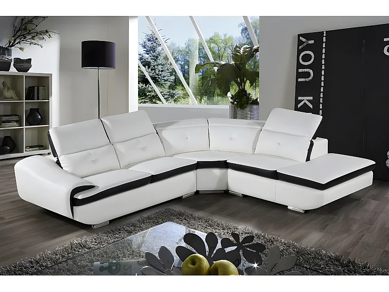Sofá esquinero en cuero reconstituido/PVC "Montréal" - 5 plazas - Blanco - Esquina derecha