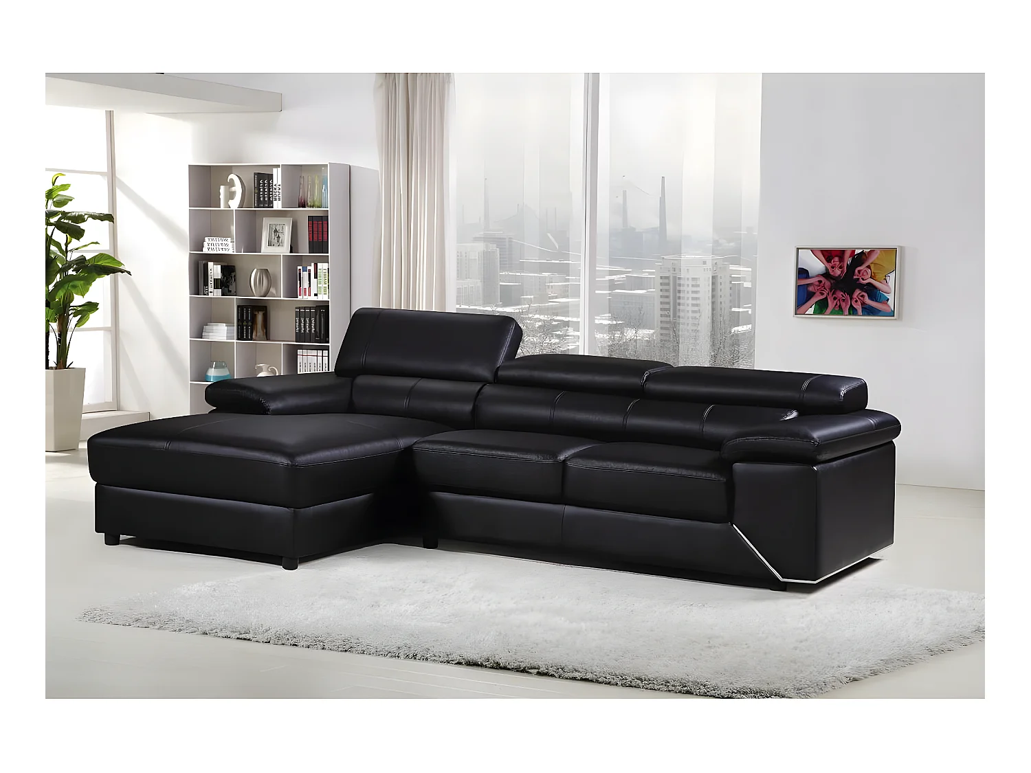Canapé d'angle en cuir reconstitué et PVC  "London" - 4 places - Noir - Angle gauche