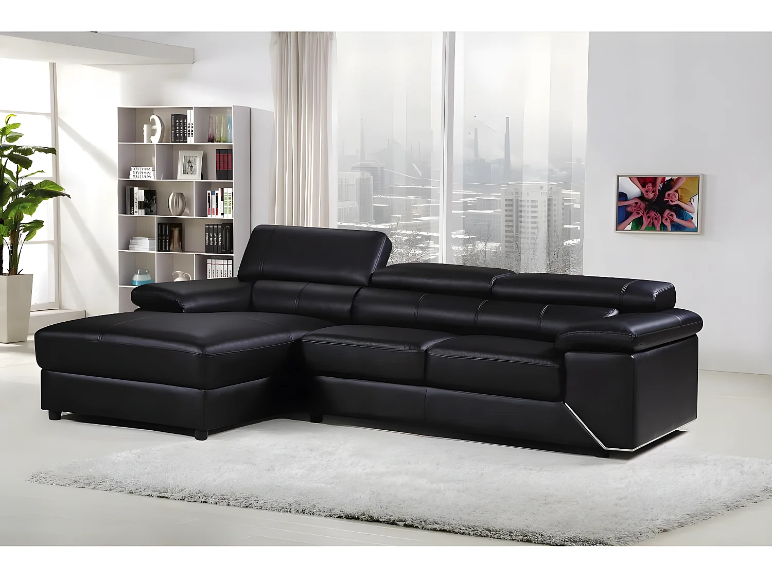 Canapé d'angle en cuir reconstitué et PVC  "London" - 4 places - Noir - Angle gauche