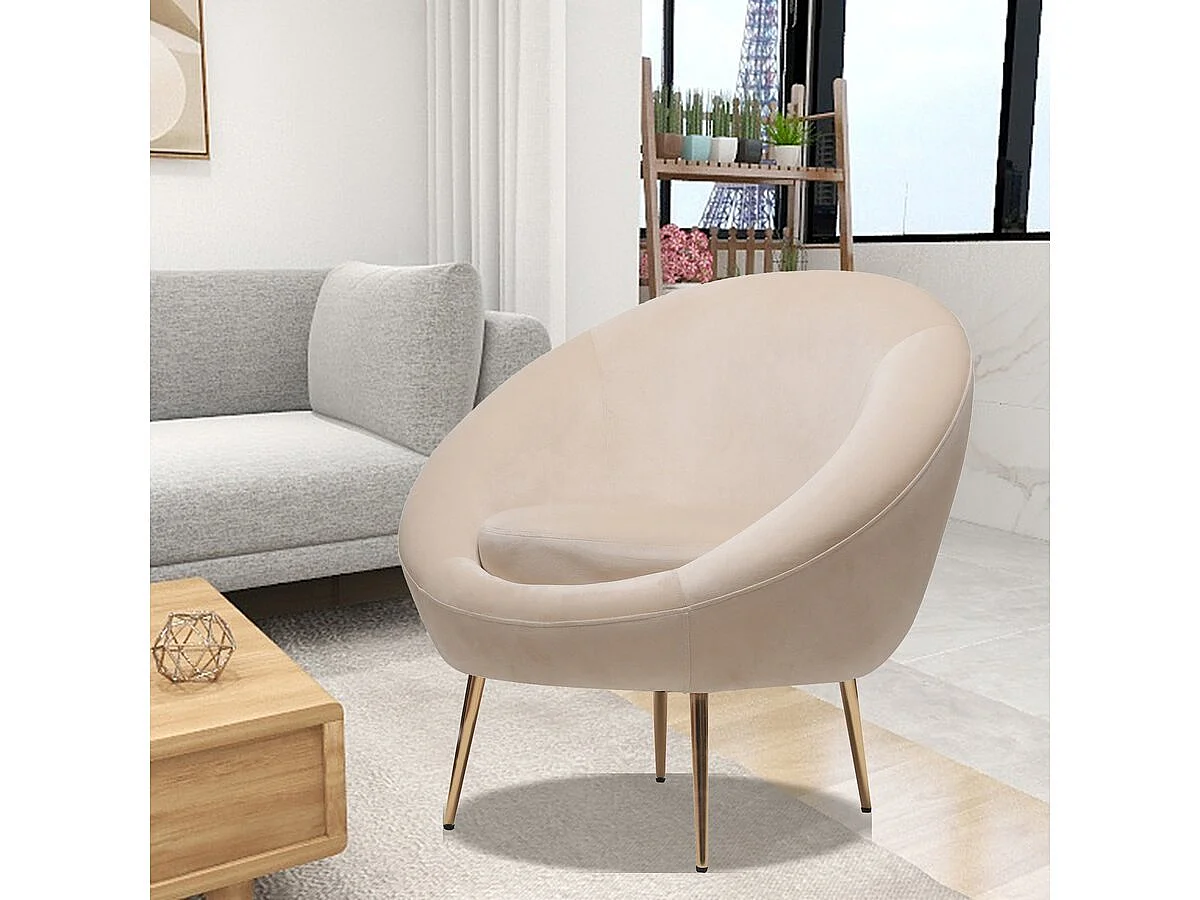 Fauteuil en velours "Cocon" - 77 x 74 x 77.5 cm - Beige