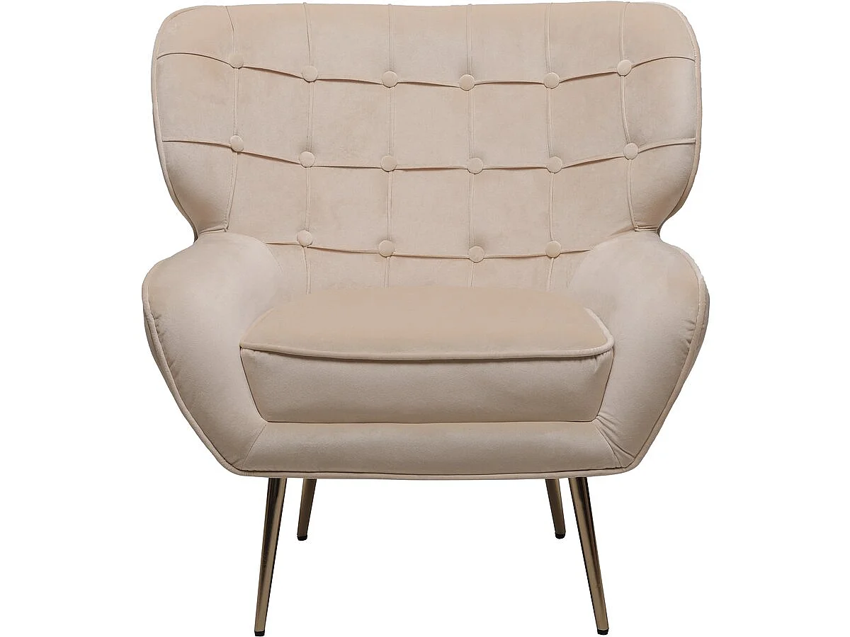 Comfortabele "Austin" fluwelen fauteuil met gewatteerde rugleuning en grote armleuningen - Beige