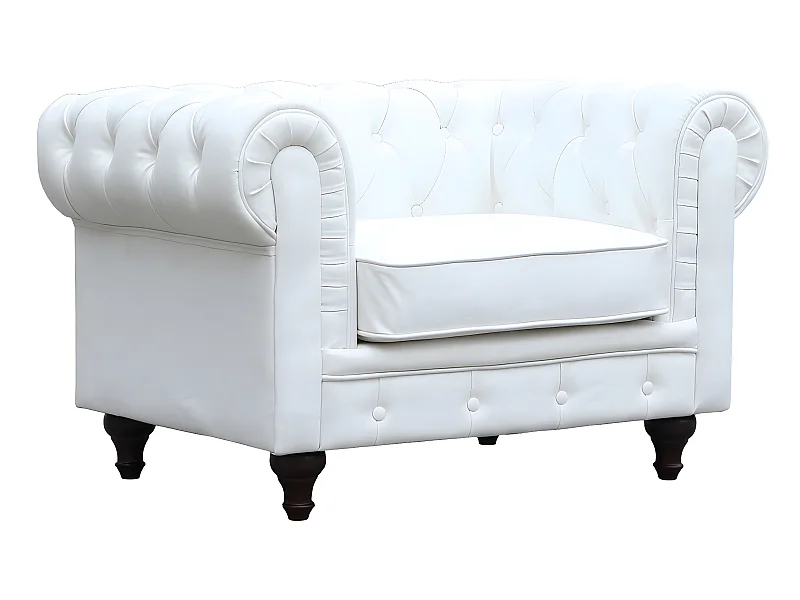 Poltrona Chesterfield "Aliza" branca em couro sintético e madeira de eucalipto, confortável e resistente