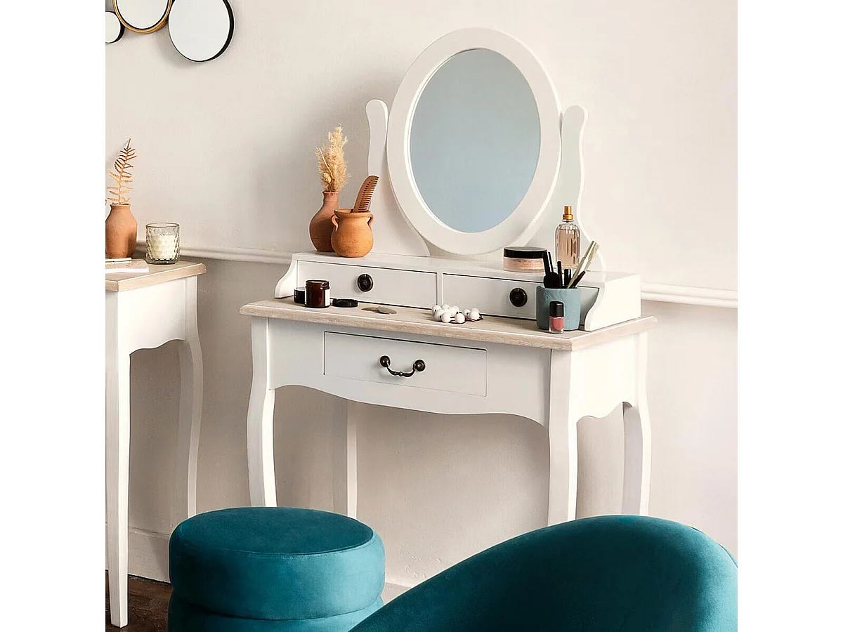 Meuble Coiffeuse en Bois Blanc et Naturel effet blanchi