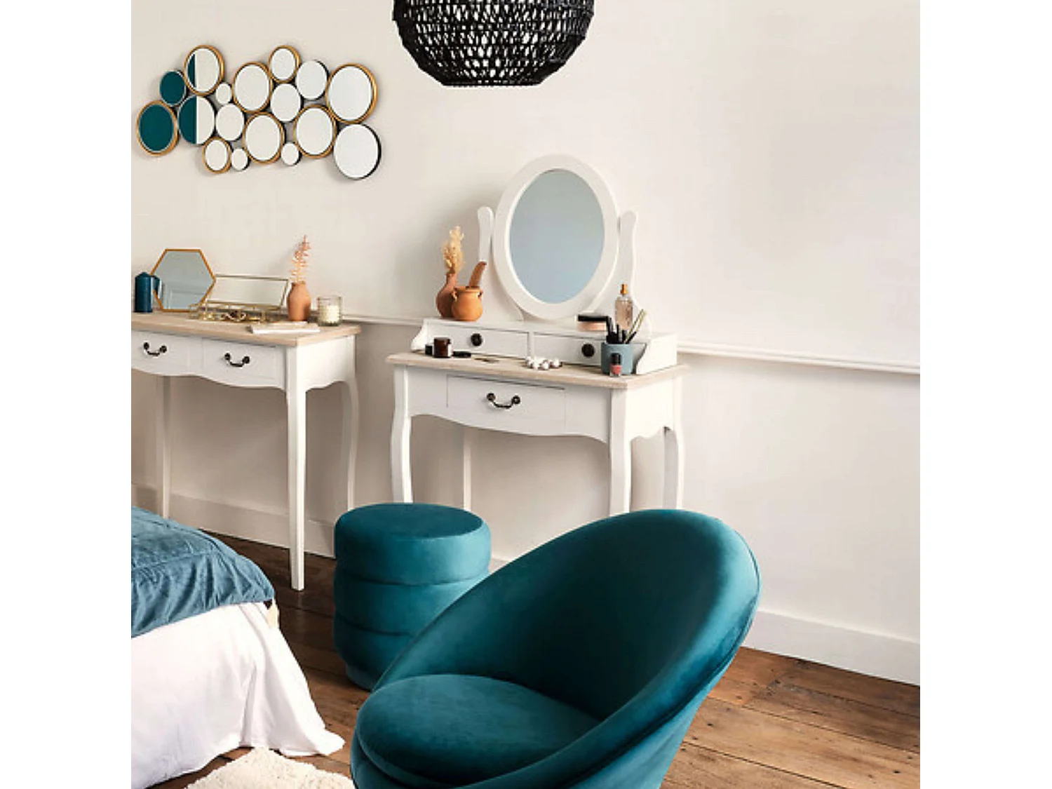 Meuble Coiffeuse en Bois Blanc et Naturel effet blanchi